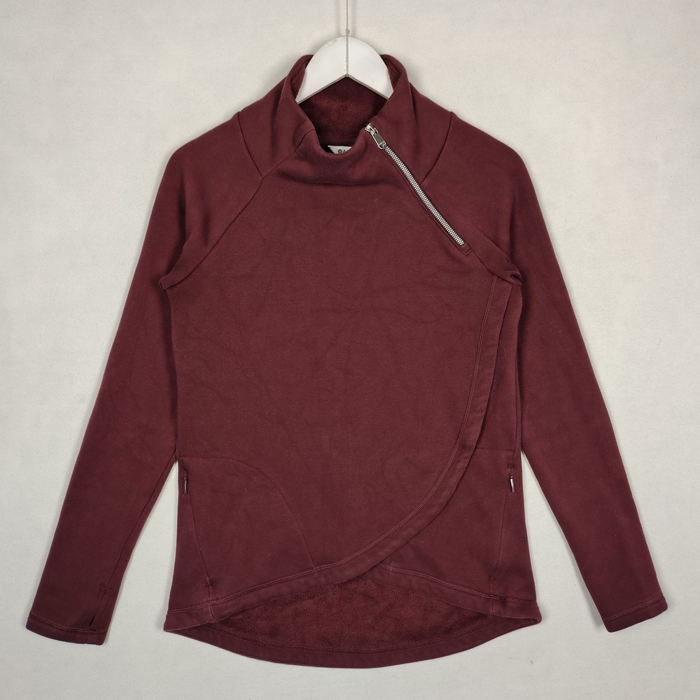 Athleta Cozy Karma Asym Pullover Burgundy Fleece Zip Neck Wrap Hem XS